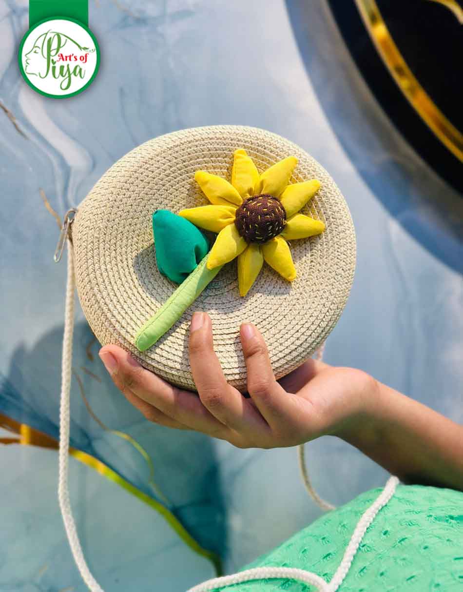 Handcrafted Round Straw Sling Bag with Plush Sunflower