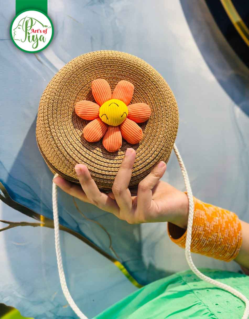 Handcrafted Round Straw Sling Bag with Smiley Flower