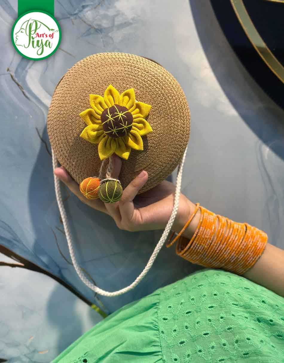 Handcrafted Round Straw Sling Bag with Flower