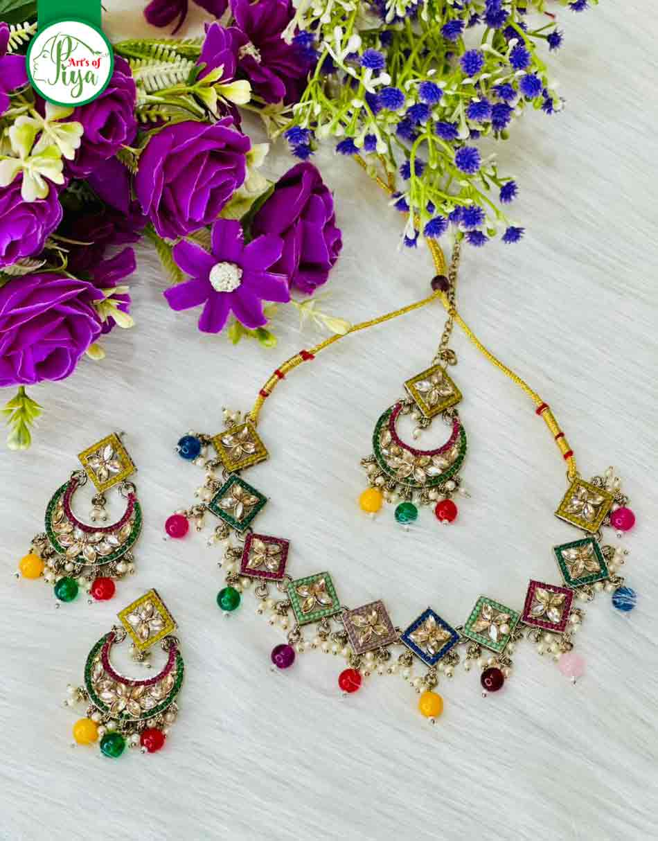 Multicolor Mirror Work Choker Set