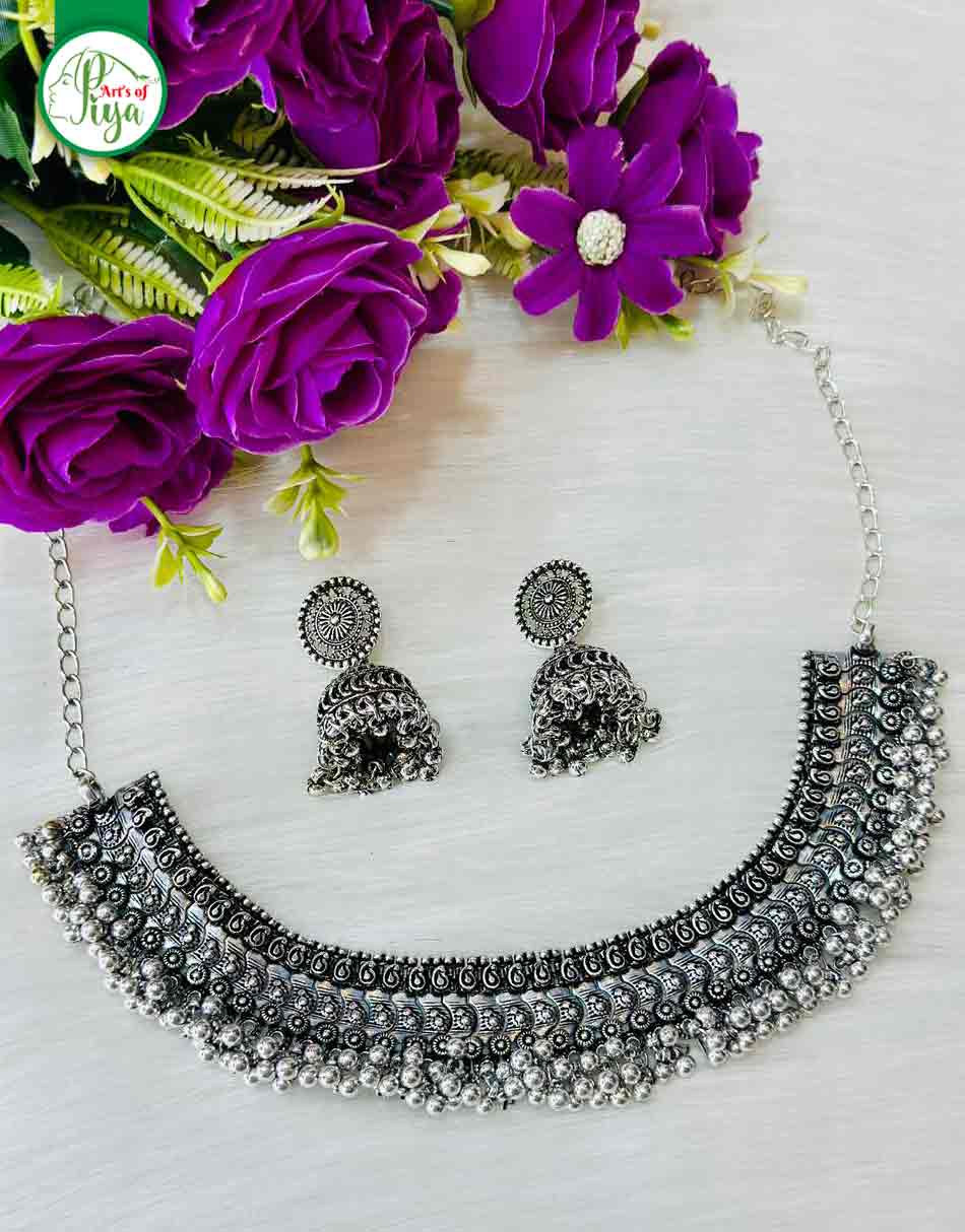 Oxidized Silver Choker Necklace & Jhumka Earring Set