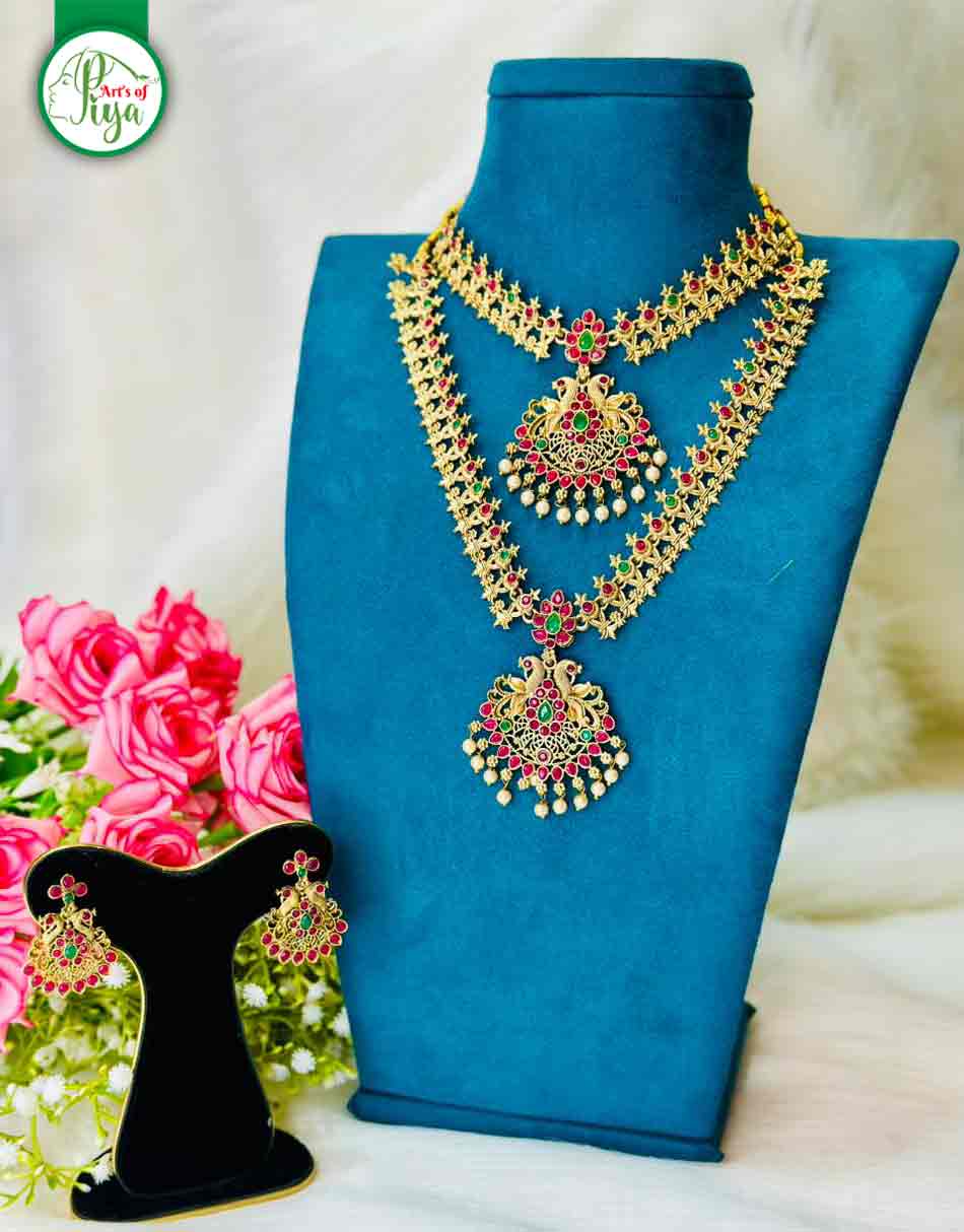 Traditional Temple Jewelry Necklace Set – Ruby & Emerald Stone Design