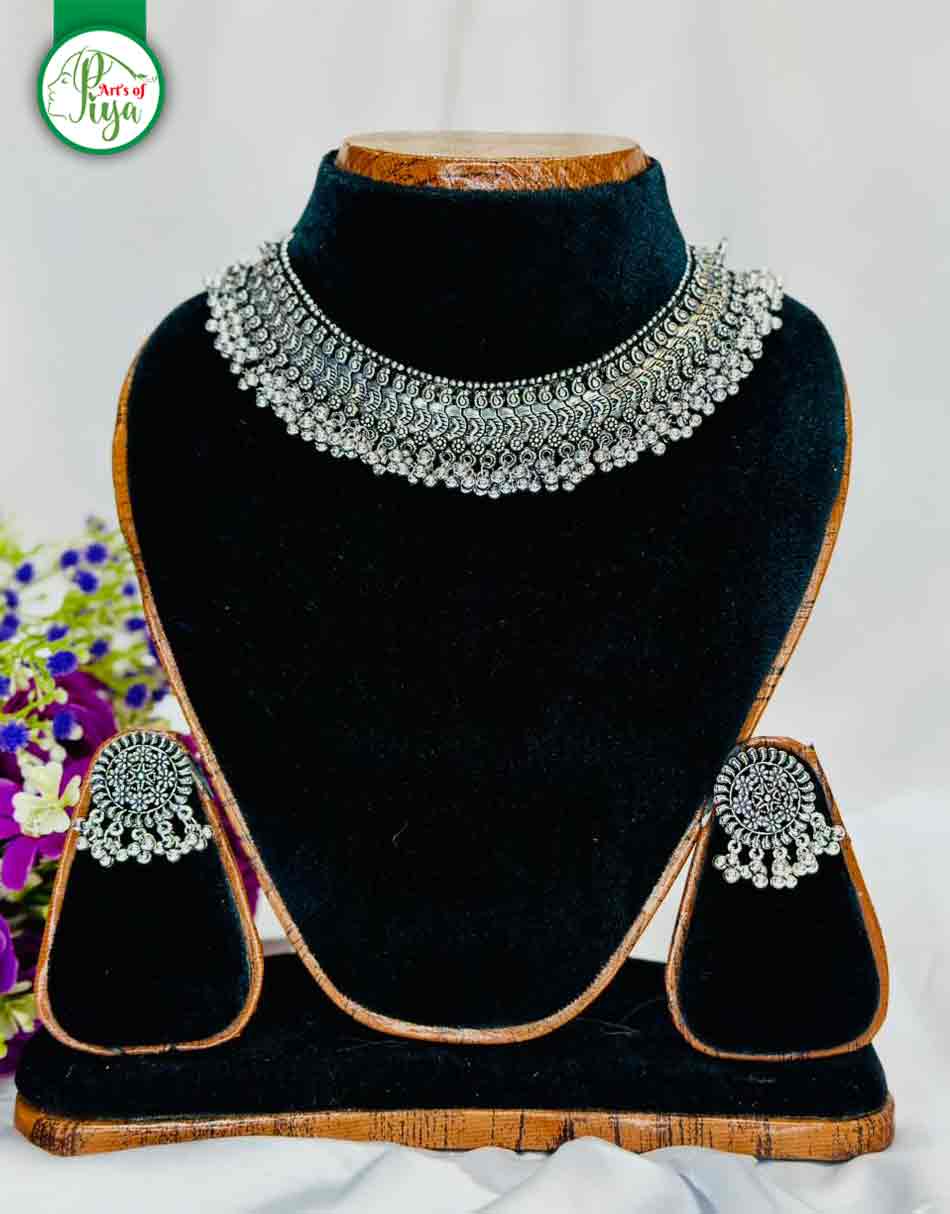Oxidized Silver Choker Necklace & Jhumka Earring Set