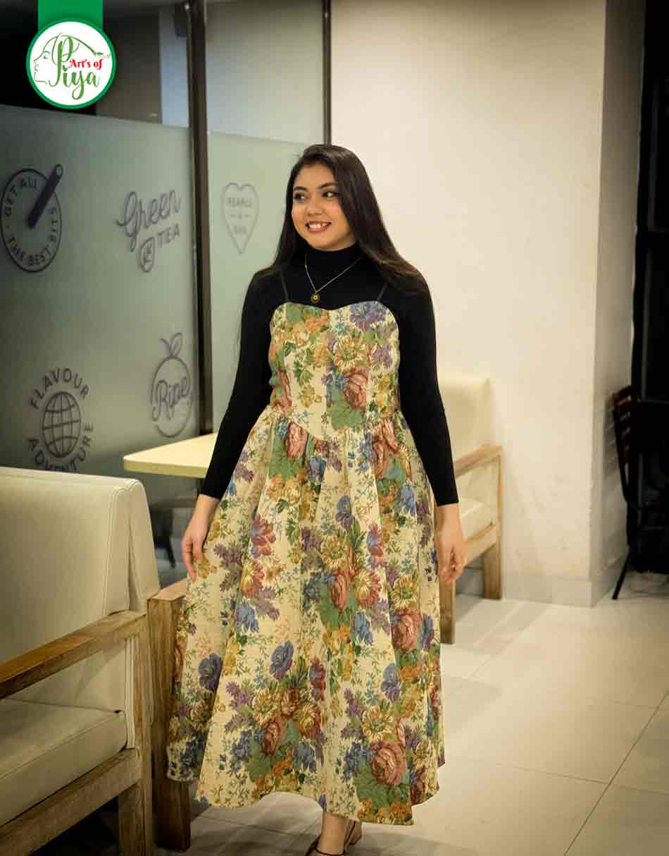 Floral Printed Midi Dress for Women – Elegant Winter Layered Look
