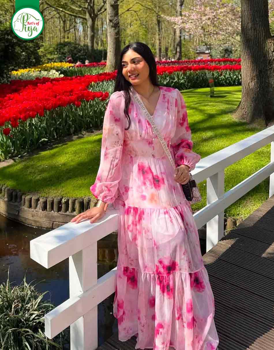 Elegant Floral Chiffon Maxi Dress for Women | Long Sleeve V-Neck Party Dress