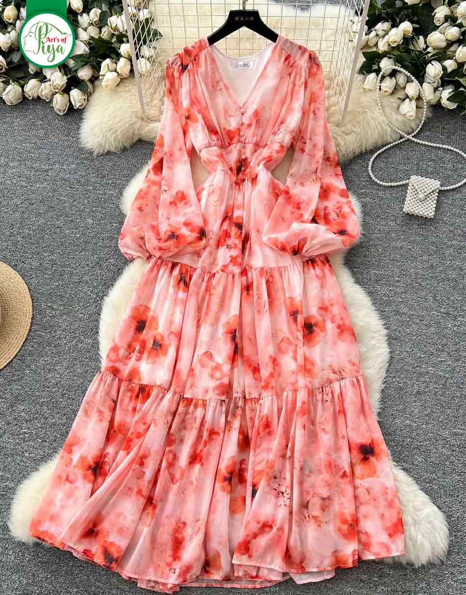 Elegant Floral Chiffon Maxi Dress for Women | Long Sleeve V-Neck Party Dress