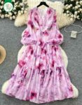Elegant Floral Chiffon Maxi Dress for Women | Long Sleeve V-Neck Party Dress
