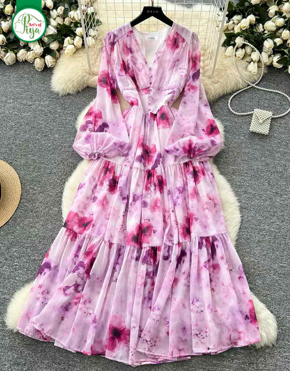 Elegant Floral Chiffon Maxi Dress for Women | Long Sleeve V-Neck Party Dress